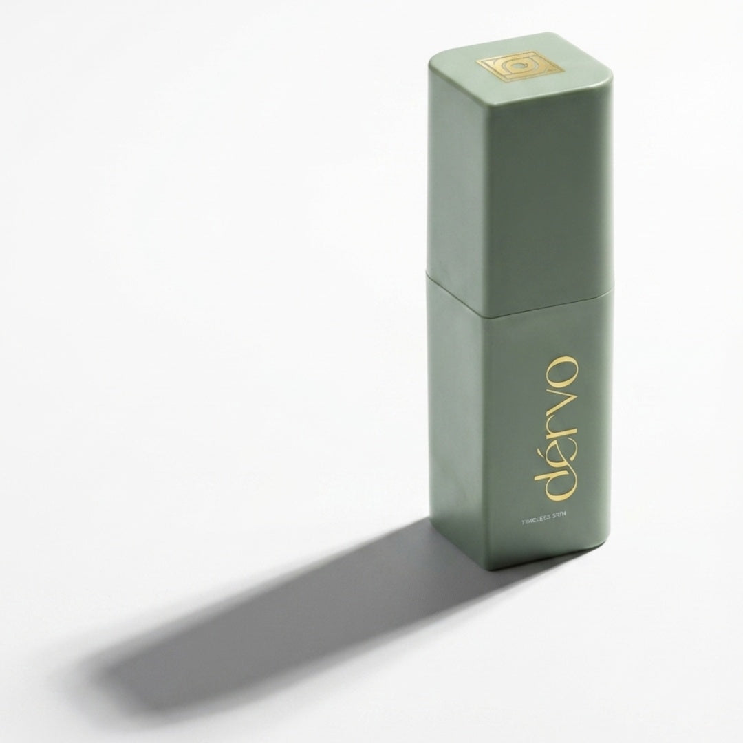 Green face cream case with 'dérvo' branding on a white background